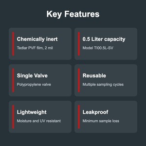 ถุงเก็บตัวอย่างก๊าซ TECHINSTRO Tedlar ขนาด 0.5 ลิตร ฟิล์ม PVF วาล์วเดี่ยว ป้องกันการรั่วซึม สำหรับการเก็บตัวอย่างก๊าซในอากาศ VOC และดิน - Product Image 3