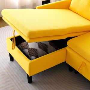 Sofá Seccional en Forma de L Reversible con Espacio de Almacenamiento, Tapizado en Lino de Algodón Amarillo, para Oficina y Apartamento - Product Image 6