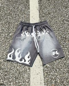 Shorts en molleton personnalisés pour hommes, style vintage délavé, épais, avec cordon de serrage, imprimé flamme, streetwear décontracté, vente en gros - Product Image 4