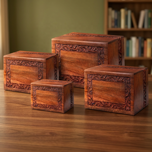 Set of 4 Border Engraved Wooden Urns RoseWood Cremation Urn Storage All Size OEM Custom Size - Product Image 4