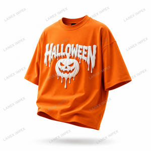 T-shirt graphique personnalisé Halloween, impression 3D en relief, motif visage de citrouille, orange, coton oversize pour hommes et femmes, streetwear décontracté - Product Image 2