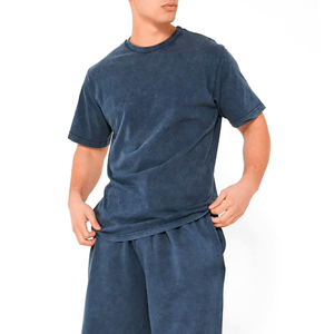 High quality Wholesale <b>Knitted</b> Breathable Acid washed Casual Men's Short Sleeve T-Shirt and Shorts <b>Set</b> New Arrival - Product Image 3