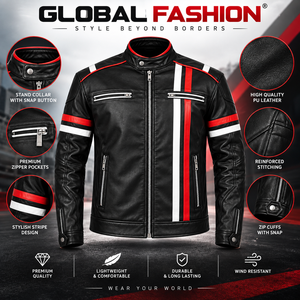 Blouson moto en cuir PU noir pour homme, col montant, fermeture éclair, coupe ajustée, manches classiques, pour l'automne, motif rayé rouge et blanc - Product Image 6