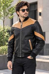 Chaqueta Bomber de Cuero PU para Hombre, Color Negro y Marrón, Estilo Motero, Cierre de Cremallera, Cuello Camisero, Corte Regular - Product Image 3