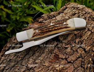 UA Supplies Custom Handmade 440C Stainless Steel High Quality Hunting Industrial Grade Liner <b>Lock</b> Folding Pocket Knife Stag Horn - Product Image 5