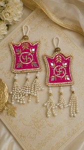 Handmade Pink <b>Fabric</b> <b>Wall</b> Hanging with Swastik Design and Pearl Tassels 2Pcs Traditional Diwali Decorative Accents Bohemian - Product Image 2