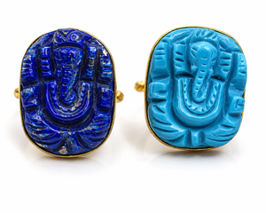 Handcrafted 18K Gold Plated Turquoise & <b>Lapis</b> <b>Lazuli</b> Ganesha Carving <b>Rings</b>-Bohemian Style Party Engagement Wedding Gift - Product Image 6