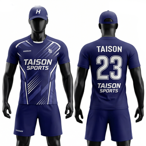 Uniforme de bádminton para hombre, premium, 150 GSM, poliéster transpirable, estampado por sublimación, diseño de paneles azul, morado y dorado, conjunto con logotipo personalizado. - Product Image 3