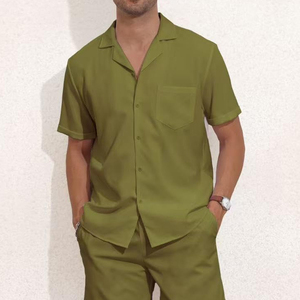 Ensemble coordonné deux pièces pour homme, chemise boutonnée et short, tenue décontractée de plage, shorts unis, ensemble coordonné pour tous les jours - Product Image 3