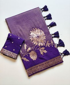 Sari de créateur pour femme en crêpe de Khaddi de qualité supérieure, en tissu Chinya scintillant, tissage jacquard, teint à la main, couleur unie - Product Image 1