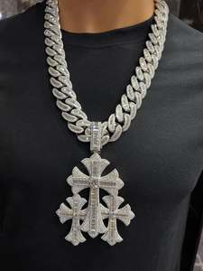 Collar con colgante de cruz con incrustaciones de moissanita, dije de espada, cadena cubana, chapado en oro rosa PT950, joyería Hiphop para fiesta - Product Image 1