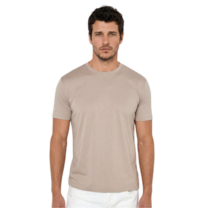 Camiseta de Algodón para Hombre, Corte Regular, Cuello Redondo, Manga Corta, Color Sólido, Estilo Casual, Beige - Product Image 1