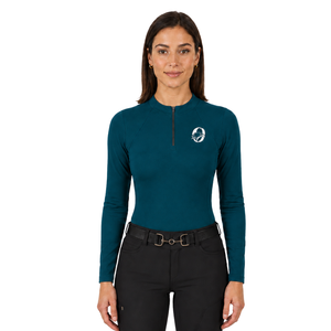 Chemise de sport pour femme, couleur vert-bleu, à manches longues, pour l'équitation, entraînement équestre, avec fermeture éclair quart de tour, extensible, respirante, haute performance - Product Image 1