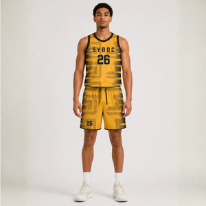 Ensemble d'uniformes de basketball personnalisés à motif labyrinthe géométrique jaune doré et noir, maillot sans manches à col en V et short - Product Image 1