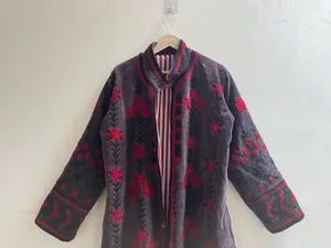 Chaqueta Larga de Terciopelo con Bordado Morado para Mujer, Diseño Floral, Estilo Bohemio, Manga Larga, Cuello Alto, Ropa de Invierno - Product Image 6