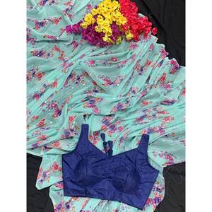 Sari Azul para Fiesta con Estampado Floral y Lentejuelas - Product Image 1
