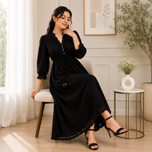 Robe longue en coton noir brodée pour femmes, manches longues, style bohème décontracté, fabrication sur mesure OEM - Product Image 3