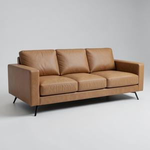 Canapé 3 places en cuir de vachette véritable, style Mid-Century Modern, marron, lignes épurées, structure en bois, pour salon. - Product Image 1