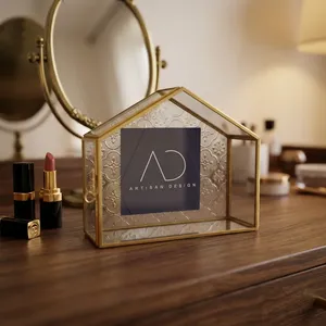 ARTISAN DESIGN Brass Metal Hanging Wall Shelf Picture Frame Decorative House Shaped Glass Display <b>Case</b> <b>Vanity</b> Makeup Jewelry - Product Image 5