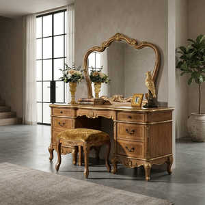 Ensemble <span class=keywords><strong>de</strong></span> coiffeuse <span class=keywords><strong>de</strong></span> luxe en bois massif <span class=keywords><strong>de</strong></span> style baroque français pour suite présidentielle <span class=keywords><strong>de</strong></span> complexe hôtelier, avec finition en feuille d'or personnalisée, mobilier d'équipement hôtelier (FF&E) OEM - Product Image 3