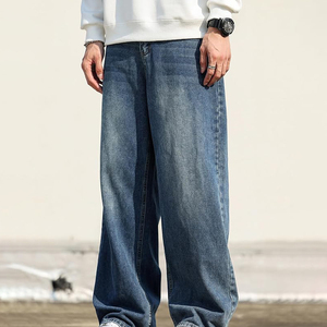 Jeans en denim bleu foncé de qualité supérieure pour hommes, coupe droite, délavé style vintage, en coton, décontracté, personnalisable OEM - Product Image 1