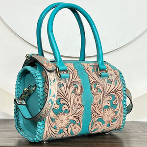 Hot Selling Personalized Western Floral Carved Leather Satchel Hand Tooled Cowgirl Weekender Medium Genuine Zipper <b>Duffel</b> <b>Bags</b> - Product Image 4