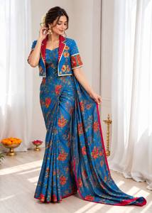 Conjunto de Saree Azul Floral para Mujer con Blusa Bordada, Largo hasta el Suelo, Traje Tradicional Indio para Boda - Product Image 2