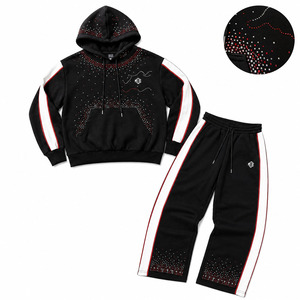 Colorblock Stripe Panel Rhinestone Custom Design Hoodie and Jogger Men's Tracksuit Set with Soft Heavy Fabric Warm Oversized Fit - Product Image 1
