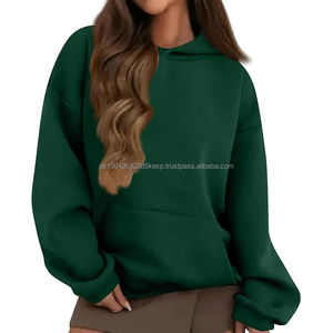 Sudadera con capucha de cuello alto de punto OEM para mujer, con hombros caídos y cremallera, Color azul sólido, sin cordón, con logotipo frontal, manga corta de invierno - Product Image 6