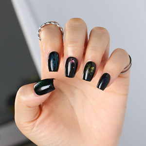 Ongles artificiels à presser personnalisés, courts, carrés, pailletés, style amande française, avec colle, aspect naturel, en ABS, marque privée - Product Image 2