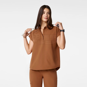 Conjunto de uniforme médico para mujer, color marrón, tejido de mezcla de algodón, pantalones con bolsillo para estetoscopio, para personal médico. - Product Image 6
