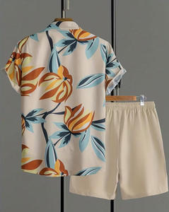 Men's Customizable Woven Floral Print Breathable Shirt Set Short Sleeve Button-Up Top Elastic Waist Shorts Summer Casual Beach - Product Image 2