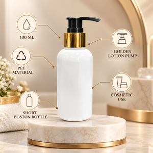 100ml White PET Boston <b>Bottle</b> with Golden Lotion <b>Pump</b> | Cosmetic Packaging Container for Skincare Cream Lotion <b>Shampoo</b> Body Care - Product Image 5