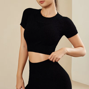 Women's <strong>Purple</strong> Crop <strong>Top</strong> Short Sleeve O-Neck Sporty Fit Spandex Polyester Knitted Quick Dry Breathable <strong>Mesh</strong> Detailing - Product Image 3