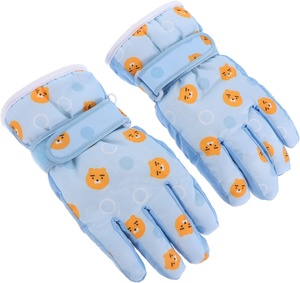 Gants de ski bleu clair à doigts complets avec imprimé chat orange, isolés thermiquement pour l'hiver, utilisation en extérieur, unisexe, fermeture auto-agrippante - Product Image 1