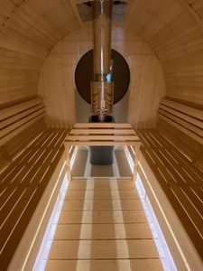 Sauna en bois rond avec fenêtres circulaires, cabine <span class=keywords><strong>de</strong></span> sauna extérieure en cèdre pour 4 à 6 personnes avec toit en bardeaux d'asphalte et <span class=keywords><strong>porte</strong></span> en verre - Product Image 5