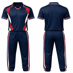 Ensemble uniforme de cricket pour hommes, bleu marine, rouge et blanc, manches courtes, en polyester anti-humidité, vêtements de sport, taille élastique, coupe régulière, toutes saisons - Product Image 3