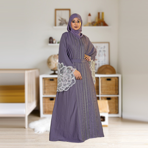 Abaya islamique modeste Nida pour la prière de l'Aïd, manches en dentelle décoratives, col en V, plis verticaux, ceinture à nouer, longueur au sol, vêtements pour femmes - Product Image 3