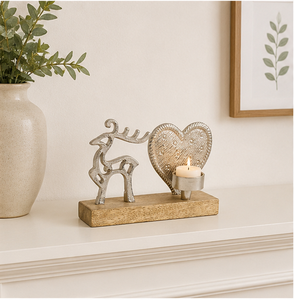 Silver Metal Reindeer And Heart Tealight Candle Holder Natural Wood Base Rustic Christmas Table Centerpiece Home Holiday Decor - Product Image 3