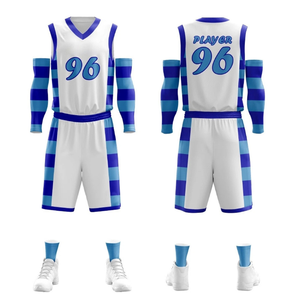 Conjunto de Uniforme de Baloncesto Sublimado Personalizado, Blanco con Rayas Azules, Sin Mangas, Absorbente de Humedad, para Adultos, Unisex, Ropa de Equipo - Product Image 6