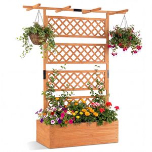 Fioriera rialzata rustica in legno di abete effetto invecchiato da 4,8 piedi cubi con traliccio e fori di drenaggio per piante rampicanti e ortaggi - Product Image 1
