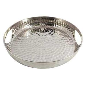 Plateau rond martelé avec poignée, en métal, pour servir les aliments, compatible avec les produits alimentaires, décoratif, couleur argent, prix avantageux - Product Image 1