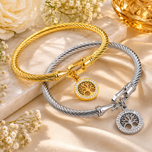 Stainless Steel Islamic Pearl Cable <b>Bangle</b> <b>Bracelet</b> Tree Charm Gold Plated Silver Tone Unisex Gift Jewelry - Product Image 5