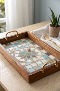 Bandeja Decorativa de Madera de Mango con Diseño de Estilo Famoso y Estampado Esmaltado, Bandeja de Servir de Madera con Impresión Esmaltada a un Precio Muy Bajo - Product Image 3