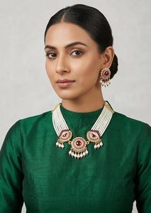 Conjunto de Collar, Pendientes y Tocado de Aleación de Zinc Bañado en Oro con Circonita Roja y Perlas de Imitación, Joyería de Moda Étnica para Mujer, Ideal para Bodas - Product Image 4