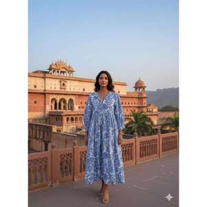 Robe longue en coton imprimé pour femme, manches 3/4, robe d'été bleue à fleurs, coupe ample, style bohème, fournisseur - Product Image 2