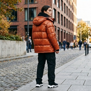 <b>Men</b> Orange Padded Hooded <b>Jacket</b> Glossy Quilted Warm <b>Utility</b> Pocket Zip Up Winter Coat OEM ODM Wholesale - Product Image 4