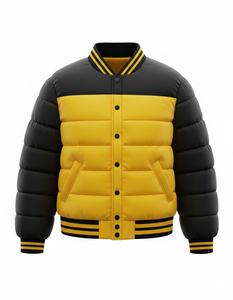Veste bomber d'hiver pour homme, noire et jaune, style varsity, avec boutons-pression, streetwear, col et poignets côtelés, coupe ajustée - Product Image 1