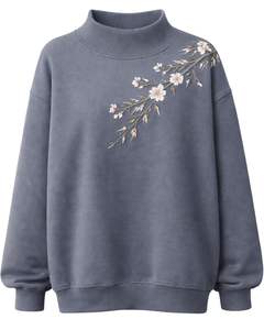 Sweat-shirt polaire gris surdimensionné personnalisé pour femme, col montant, broderie florale, pull chaud décontracté, streetwear d'hiver, coupe ample - Product Image 1