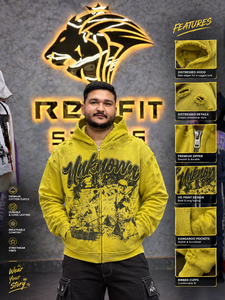 Custom Heavyweight <b>Yellow</b> Zip Up <b>Hoodie</b> Vintage Graphic Print Distressed Oversized Full Zip Hooded Sweatshirt - Product Image 5